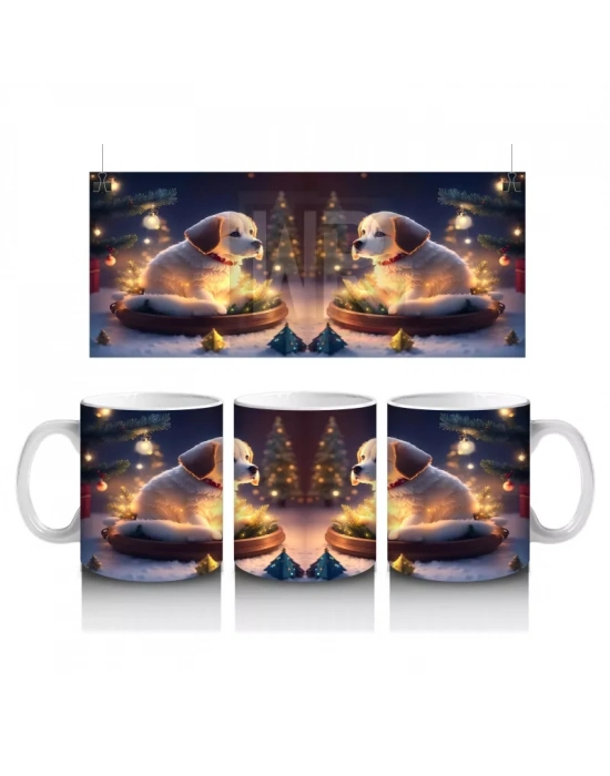 Yılbaşı Masasında Aydınlıkta Oturan Köpekler – Baskılı Kahve Kupası