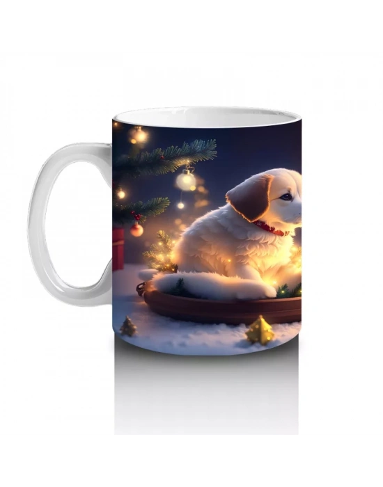 Yılbaşı Masasında Aydınlıkta Oturan Köpekler – Baskılı Kahve Kupası