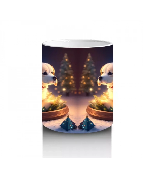 Yılbaşı Masasında Aydınlıkta Oturan Köpekler – Baskılı Kahve Kupası