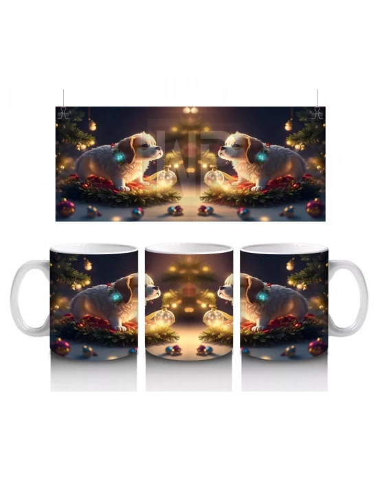 Yılbaşı Masasında Sevimli Köpekler – Baskılı Kahve Kupası