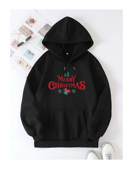Yılbaşı Merry Christmas Baskılı Oversize Kapüşonlu Sweatshirt Hoodie - Siyah