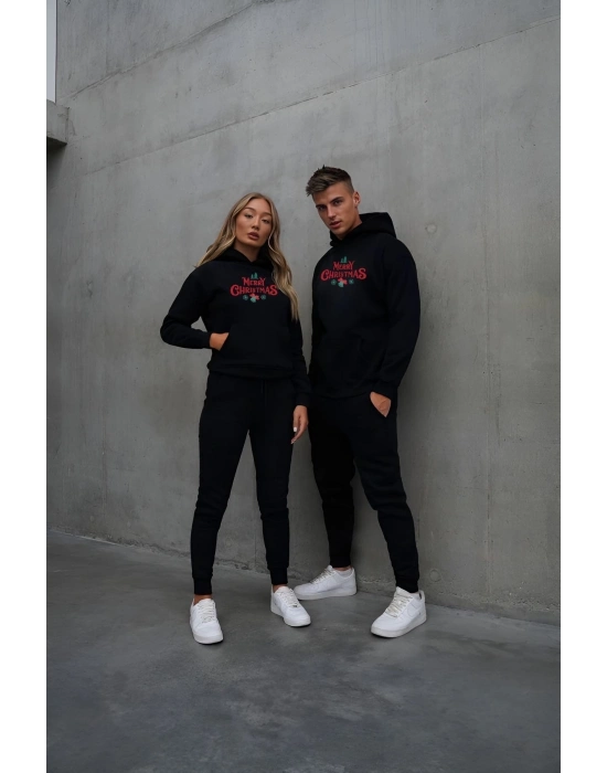Yılbaşı Merry Christmas Baskılı Oversize Kapüşonlu Sweatshirt Hoodie - Siyah