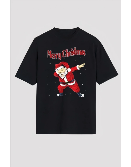 Yılbaşı Merry Christmas Noel Baba Baskılı Oversize Bisiklet Yaka T-shirt - Siyah