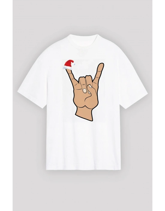 Yılbaşı Noel Başlıklı Serçe Parmak Baskılı Oversize Bisiklet Yaka T-shirt - Beyaz