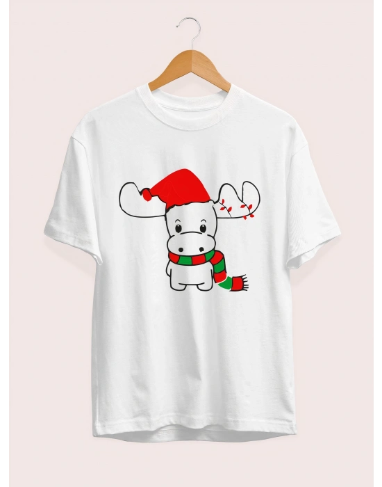 Yılbaşı Noel Ren Geyiği Baskılı Kısa Kollu Oversize Bisiklet Yaka T-shirt - Beyaz