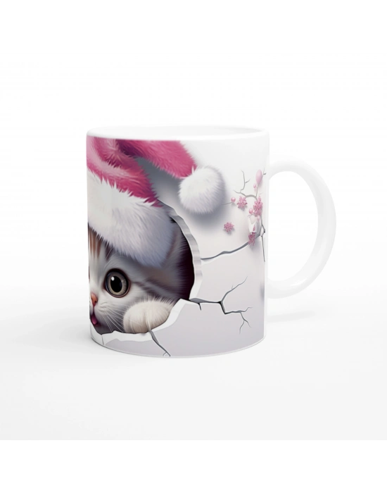 Yılbaşı Şapkası Takmış Sevimli Kedi Temalı Baskılı Kupa Bardak