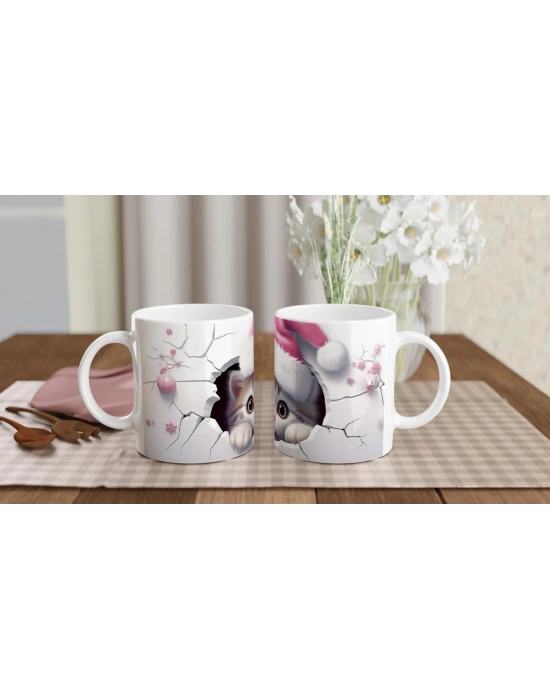 Yılbaşı Şapkası Takmış Sevimli Kedi Temalı Baskılı Kupa Bardak