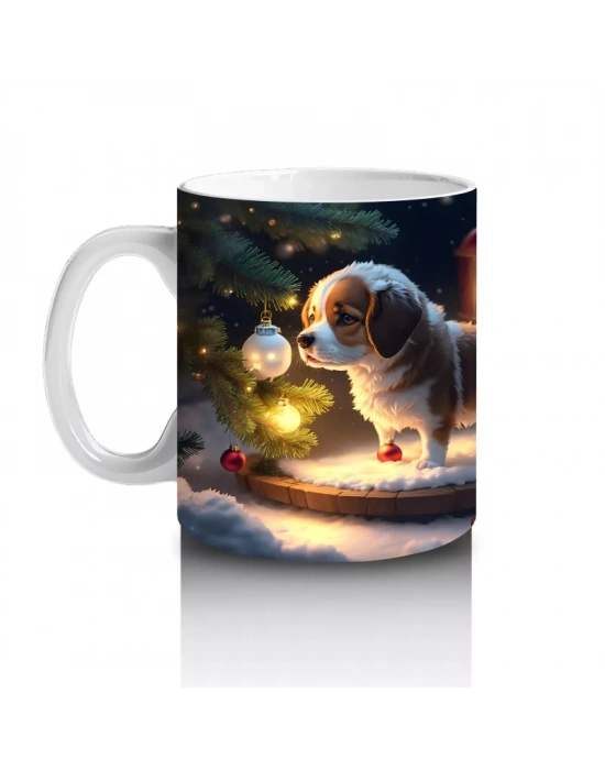 Yılbaşı Temalı Işıklarla Süslenmiş Köpekler – Baskılı Kahve Kupası
