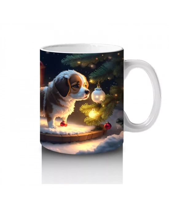 Yılbaşı Temalı Işıklarla Süslenmiş Köpekler – Baskılı Kahve Kupası