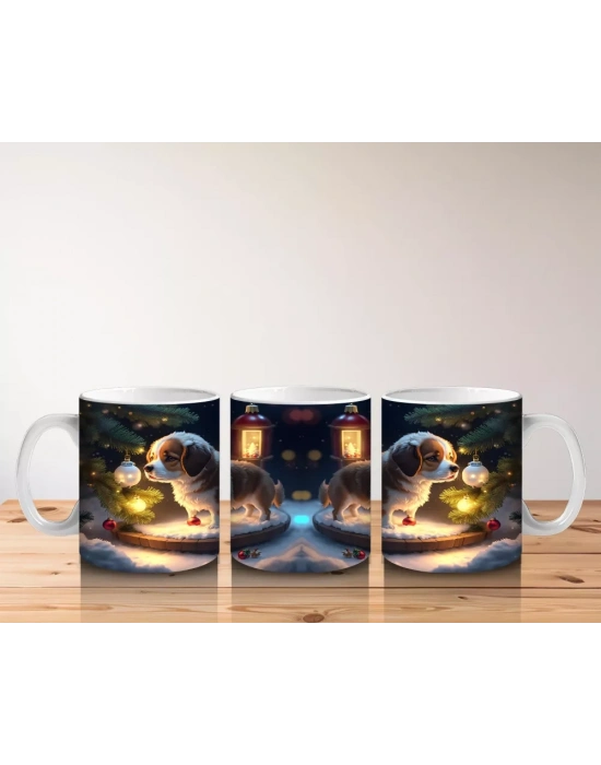 Yılbaşı Temalı Işıklarla Süslenmiş Köpekler – Baskılı Kahve Kupası