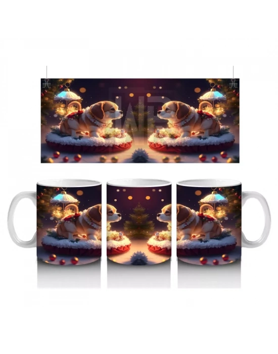 Yılbaşı Temasında Masada Oturan Köpekler – Baskılı Kahve Kupası