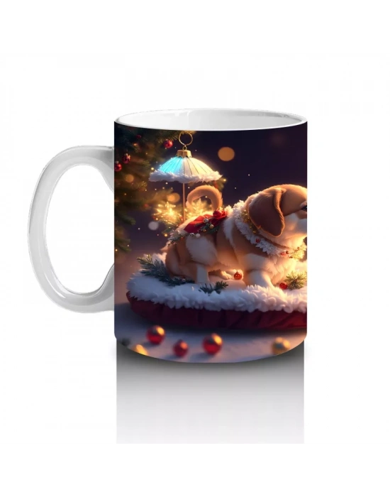 Yılbaşı Temasında Masada Oturan Köpekler – Baskılı Kahve Kupası