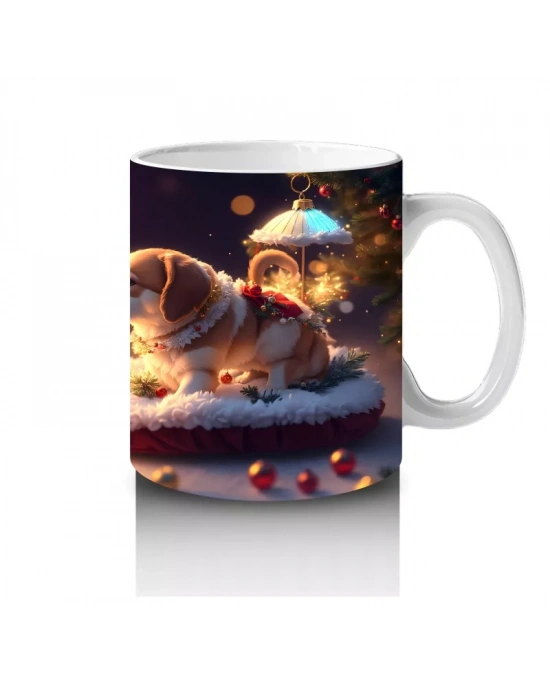 Yılbaşı Temasında Masada Oturan Köpekler – Baskılı Kahve Kupası