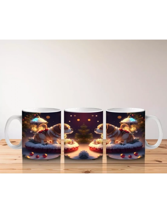 Yılbaşı Temasında Masada Oturan Köpekler – Baskılı Kahve Kupası