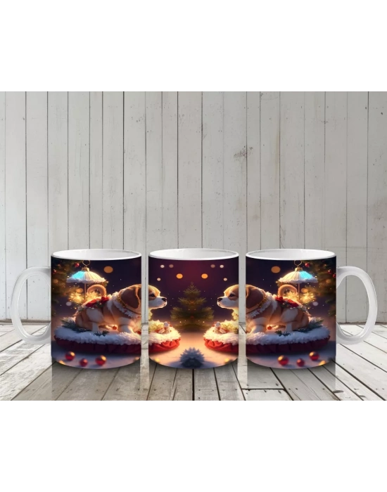 Yılbaşı Temasında Masada Oturan Köpekler – Baskılı Kahve Kupası