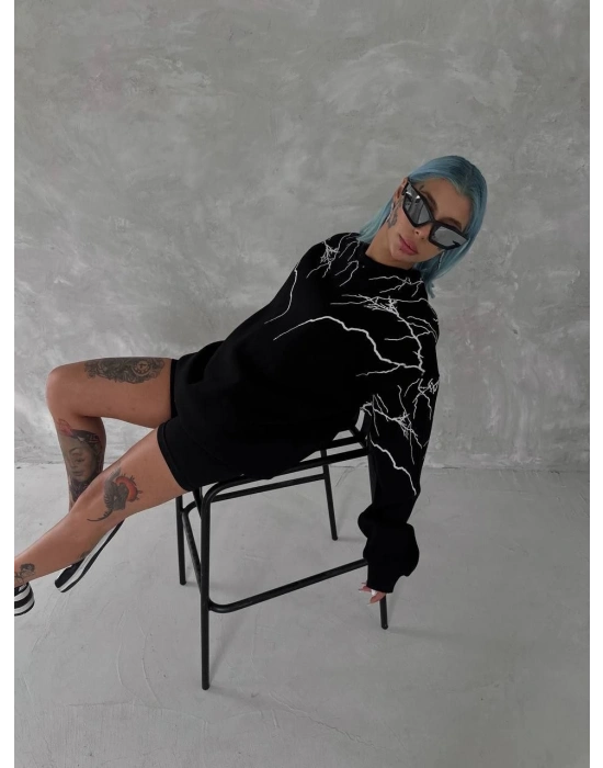 Yıldırım Baskılı Bisiklet Yaka SweatShirt - Siyah