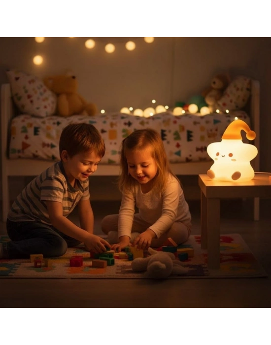 ® Yıldız Figürlü Pofuduk LED Gece ası – Yumuşak Dokulu Masaüstü Aydınlatma, Çocuk Odası ve Dekoratif Şarjlı Ortam Işığı