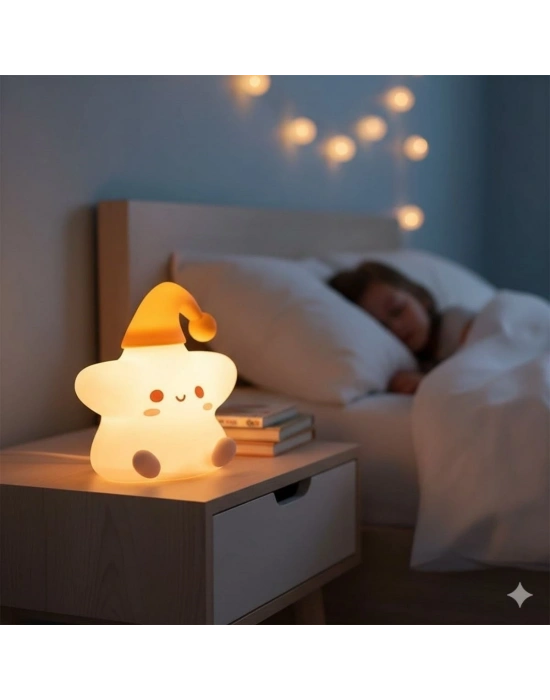 ® Yıldız Figürlü Pofuduk LED Gece ası – Yumuşak Dokulu Masaüstü Aydınlatma, Çocuk Odası ve Dekoratif Şarjlı Ortam Işığı