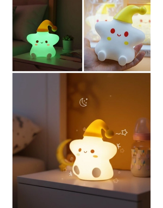 ® Yıldız Figürlü Pofuduk LED Gece ası – Yumuşak Dokulu Masaüstü Aydınlatma, Çocuk Odası ve Dekoratif Şarjlı Ortam Işığı