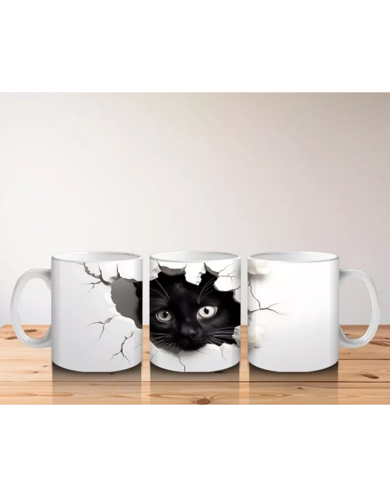 Yırtık Duvar Efektli Büyüleyici Siyah Kedi – Baskılı Kupa