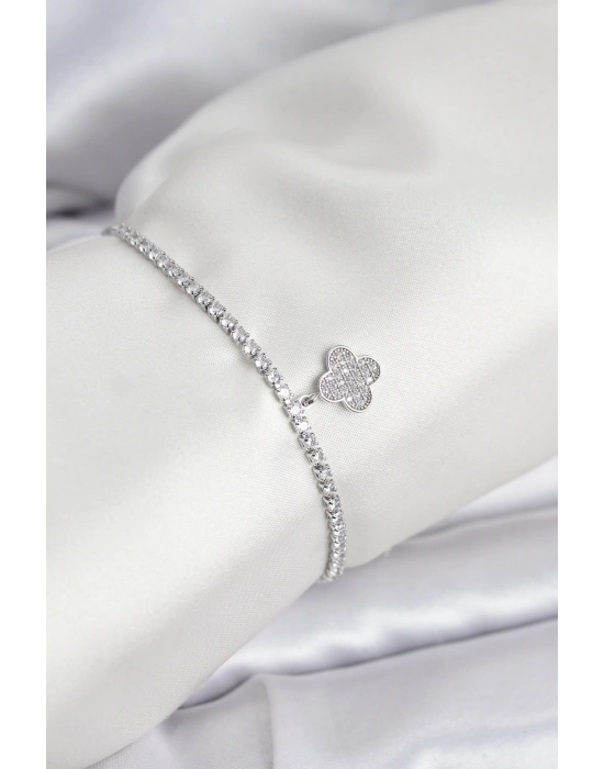 Yonca Model Zirkon Taşlı Gümüş Renk Asansörlü Su Yolu Bileklik