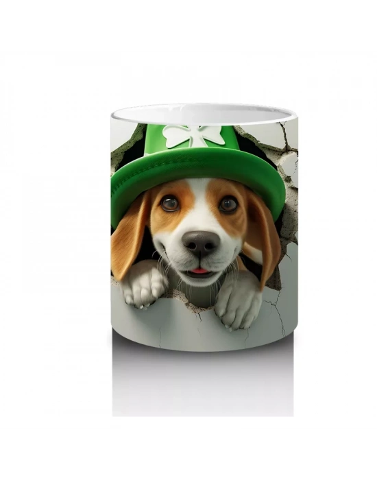 Yonca Şapkası Takmış Beagle Köpek Figürü - Baskılı kahve kupası