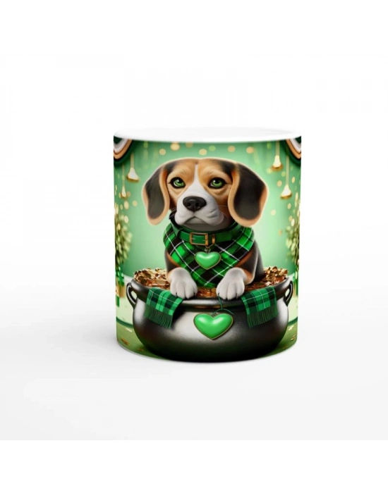 Yonca ve Altınlarla Bezenmiş Beagle Temalı Baskılı Kupa Bardak