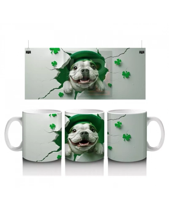 Yonca Yapraklarıyla Çevrili Sevimli Bulldog – Baskılı Kahve Kupası