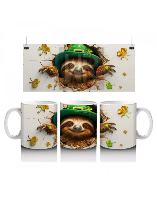 Yonca Yapraklarıyla Süslenmiş Gülümseyen Tembel Hayvan – Baskılı Kahve Kupası