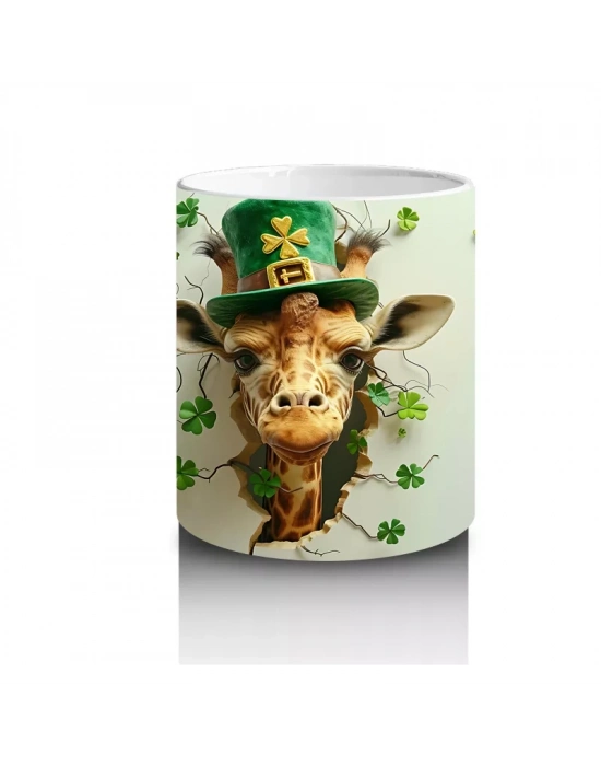 Yonca Yapraklarıyla Süslenmiş Şapkalı Zürafa – Baskılı Kahve Kupası