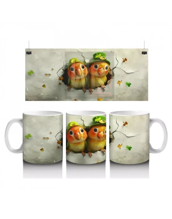 Yoncalarla Süslenmiş Duvar Arasında Sarı Papağan Çifti - Baskılı kahve kupası