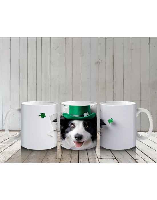 Yoncalarla Süslenmiş St. Patrick’s Temalı Border Collie - Baskılı kahve kupası