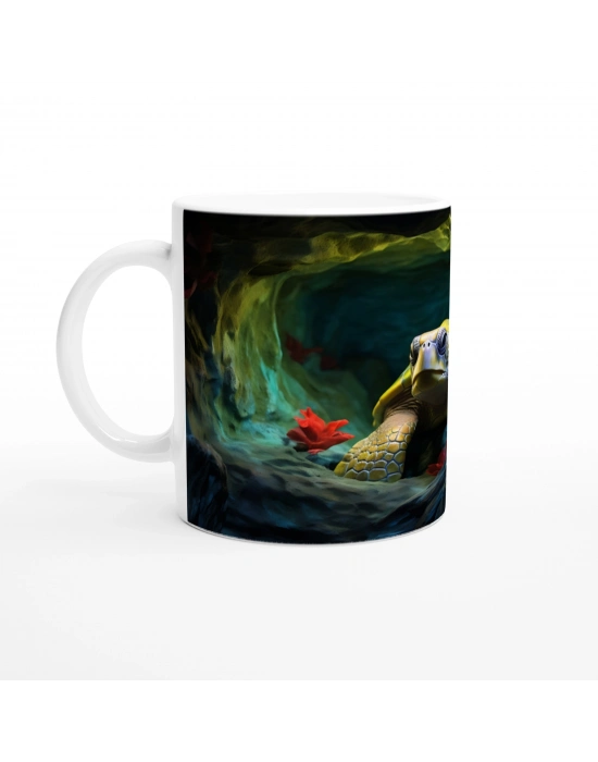 Yosunlu Mağarada Dinlenen Deniz Kaplumbağası Kupa Bardak