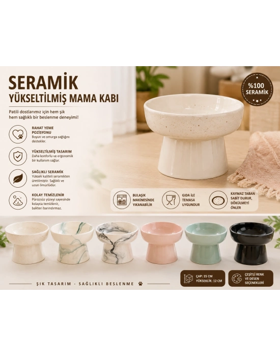 Yüksek Altlıklı Oval Seramik Mama Su Kabı 250 ml Çeşitli Renklerde