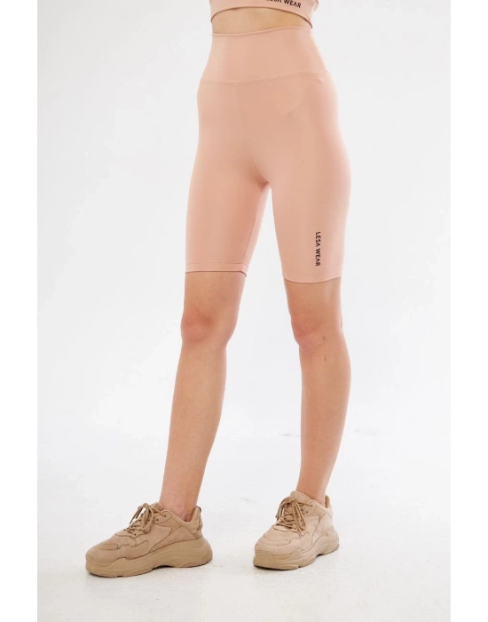 Yüksek Bel Biker Sporcu Şort - Bej