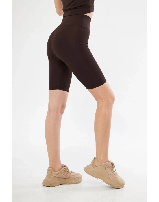 Yüksek Bel Biker Sporcu Şort - Kahve