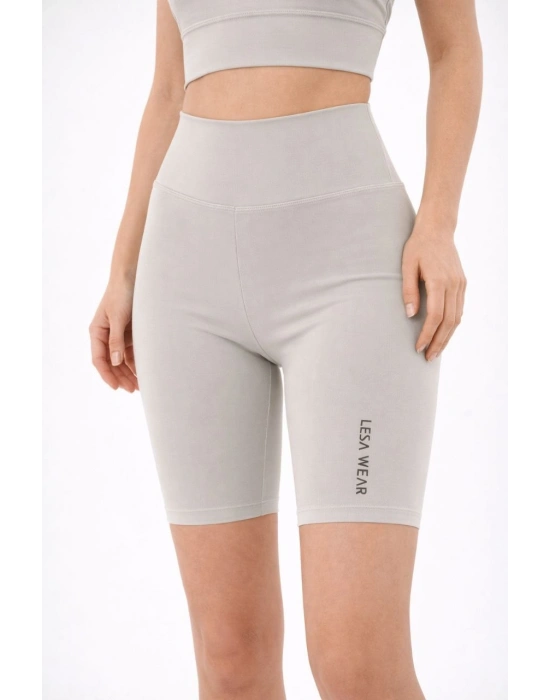 Yüksek Bel Biker Sporcu Şort - Taş