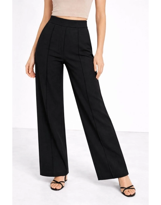 Yüksek Bel Palazzo Pantolon Çima Dikişli Bol Paça Akıcı Kumaş Günlük ve Ofis Şıklığı Kadın - Siyah