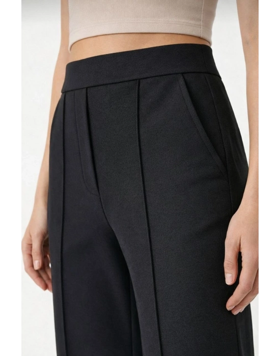 Yüksek Bel Palazzo Pantolon Çima Dikişli Bol Paça Akıcı Kumaş Günlük ve Ofis Şıklığı Kadın - Siyah