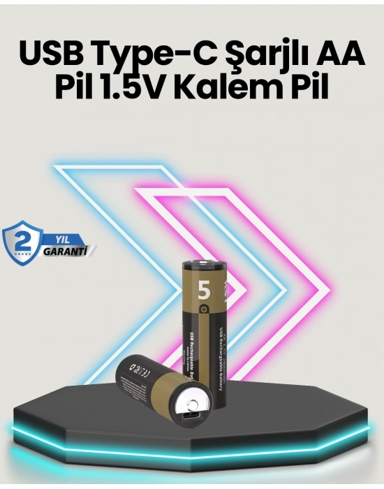Yüksek Performanslı AA USB Şarjlı Lityum Pil | 1.5V Sabit Güç | 2’li Paket