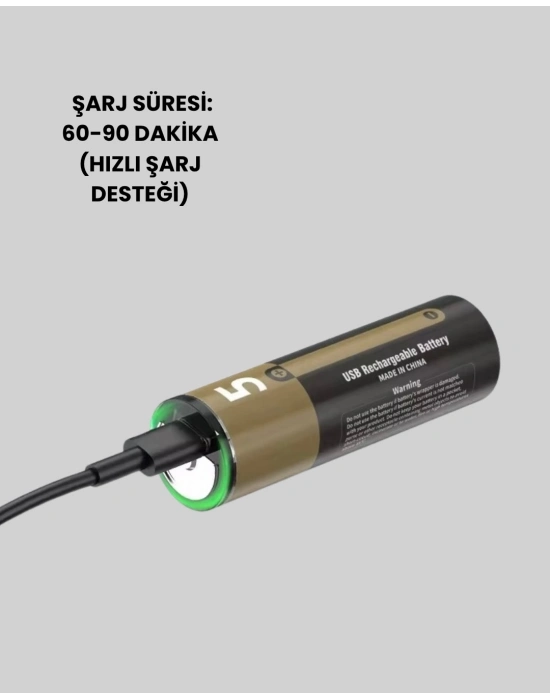 Yüksek Performanslı AA USB Şarjlı Lityum Pil | 1.5V Sabit Güç | 2’li Paket