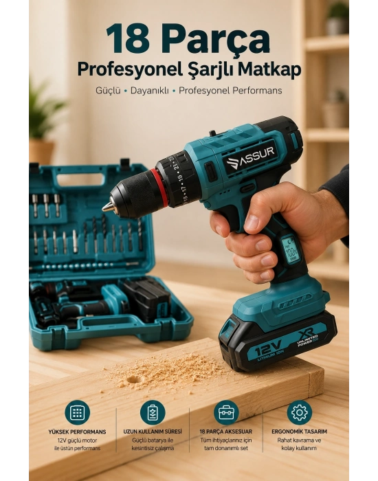 Yüksek Performanslı Şarjlı Matkap Seti Güçlü Motor, Uzun Pil Ömrü ve 18 Parça Aksesuarlı