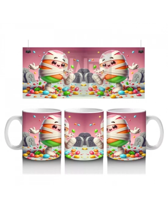 Yumurta Kafalı Canavar Figürlü Pembe Cadılar Bayramı Baskılı Kupa