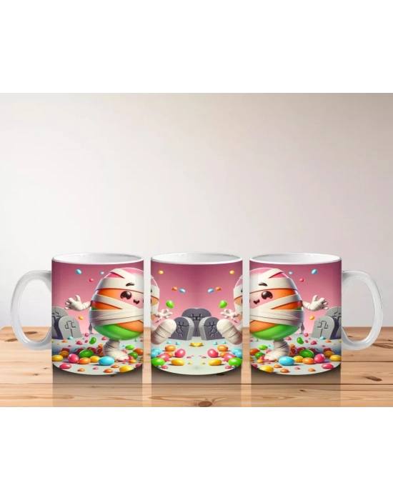 Yumurta Kafalı Canavar Figürlü Pembe Cadılar Bayramı Baskılı Kupa