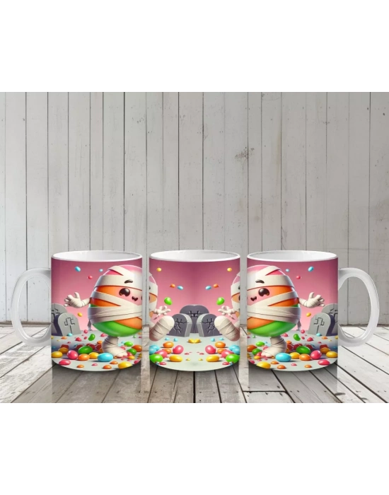 Yumurta Kafalı Canavar Figürlü Pembe Cadılar Bayramı Baskılı Kupa