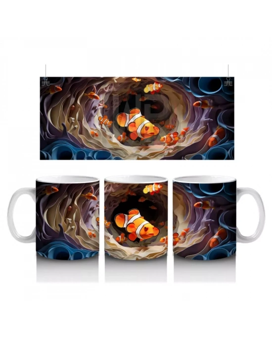 Yumuşak Dalgalar Arasında Yüzen Balıklar – Baskılı Kahve Kupası