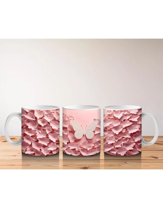 Yumuşak Pembe Fon Üzerinde Zarif Kelebek – Baskılı Kupa