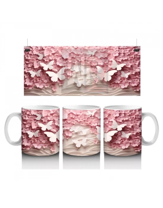 Yumuşak Pembe Yapraklar Arasında Kelebek – Baskılı Kahve Kupası
