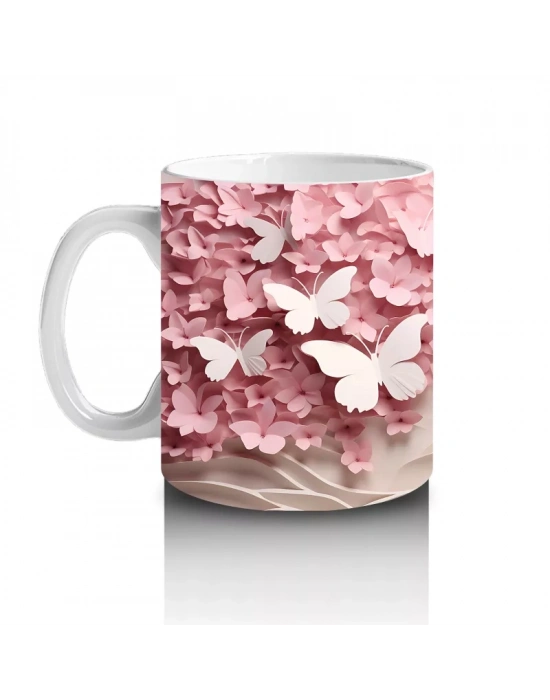 Yumuşak Pembe Yapraklar Arasında Kelebek – Baskılı Kahve Kupası
