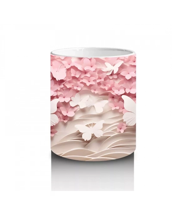 Yumuşak Pembe Yapraklar Arasında Kelebek – Baskılı Kahve Kupası